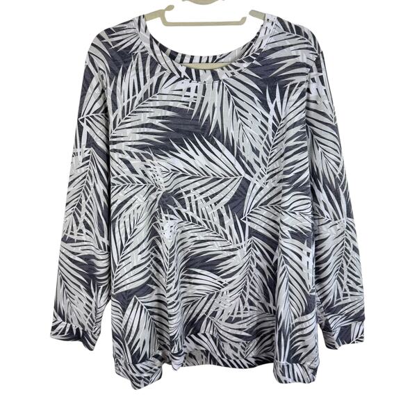 D & Co. Active Gray White Palm Leaf Print Long Sleeve Soft Stretchy Top Size 2X - Picture 1 of 4